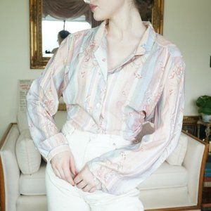 Vintage Lady Devon 1970's Floral Striped Button Up